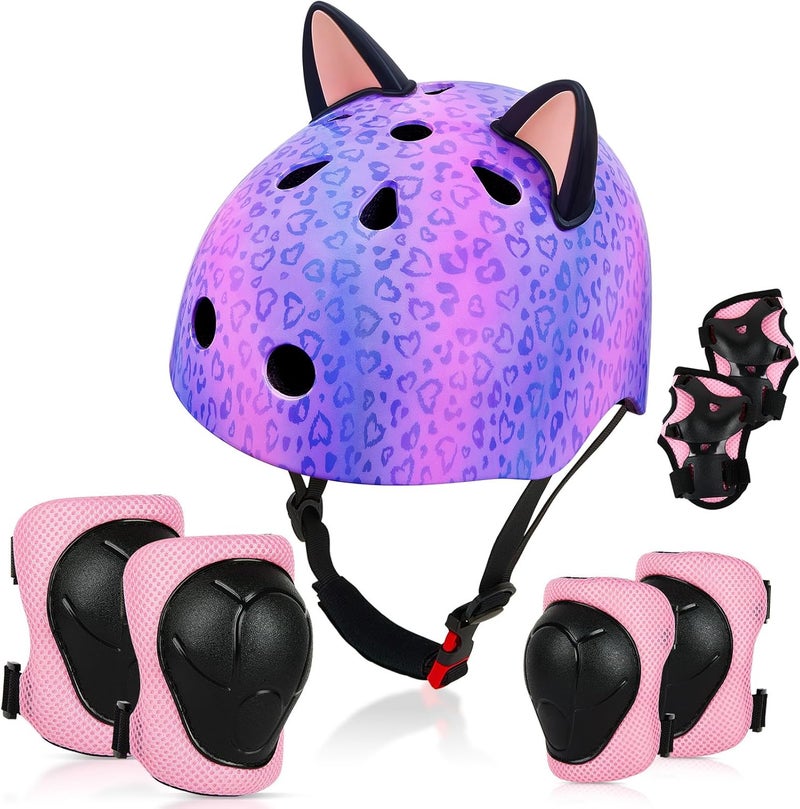 FIODAY Kids Helmet, Bike Helmets for Kids 8-14 with Knee Pads and Elbow Pads Wrist Guards, Adjustable Youth Girls Bike Helmet with DIY Cat Ears Skateboard Helmet for Scooter Skating Cycling - Image 1